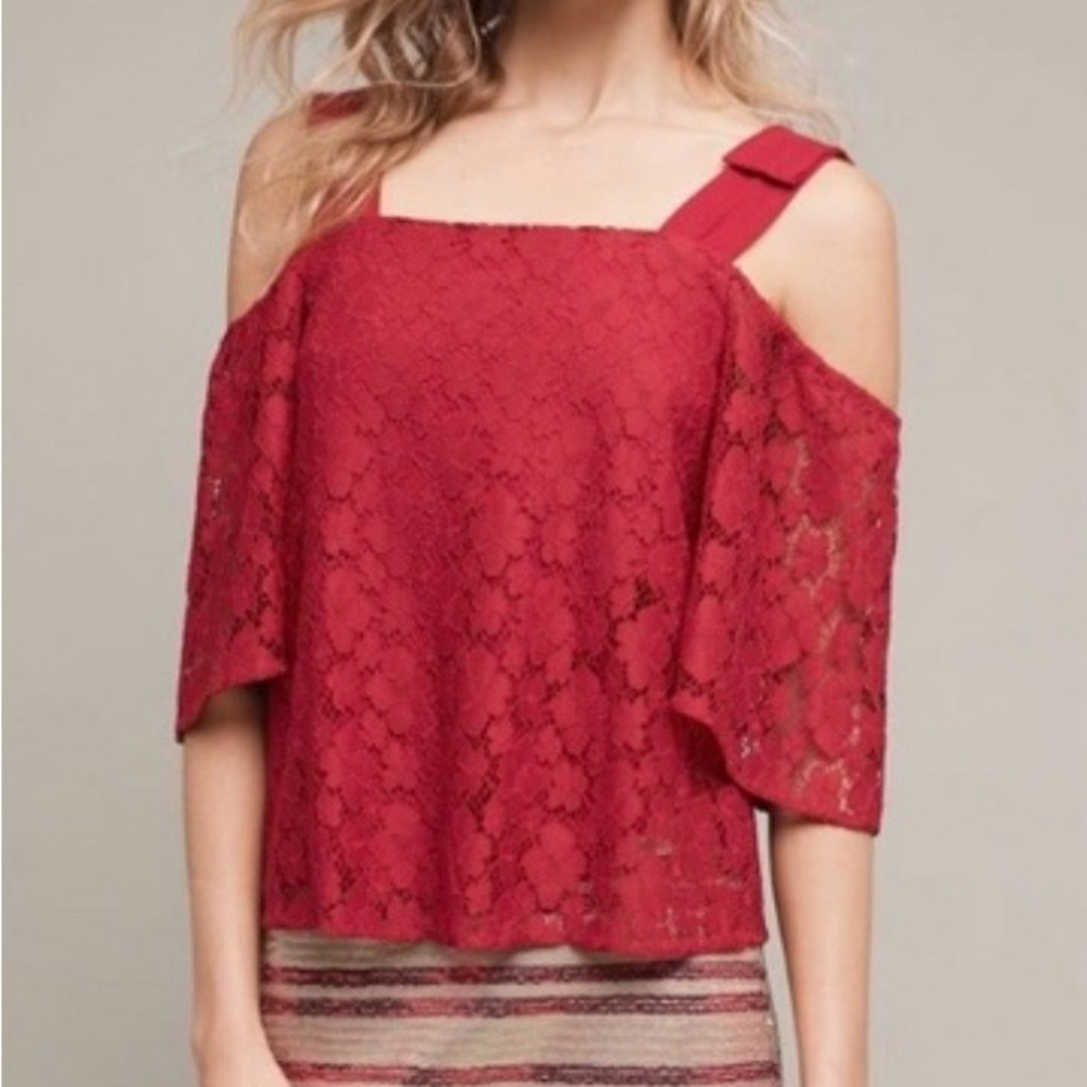 ANTHROPOLOGY Sunday in Brooklyn Lace Strap Shoulder Lined Blouse, Women’s M,Red
